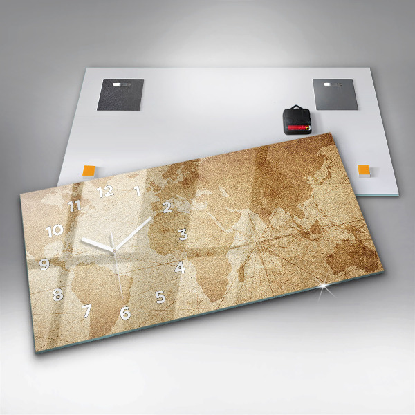 Glass wall clock rectangular Vintage world map