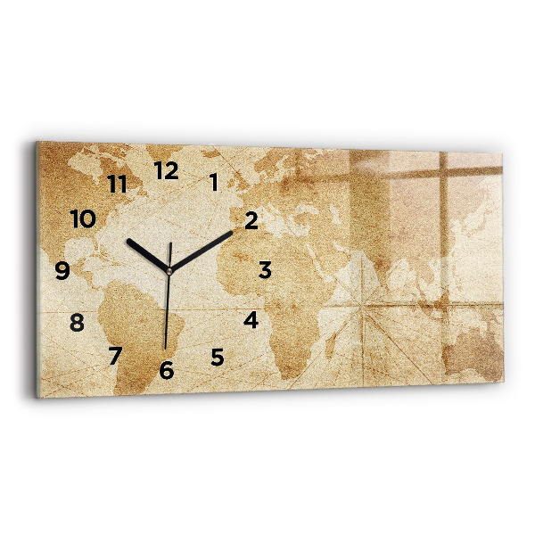 Glass wall clock rectangular Vintage world map