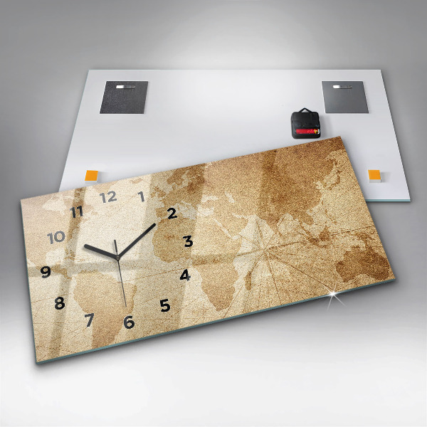 Glass wall clock rectangular Vintage world map