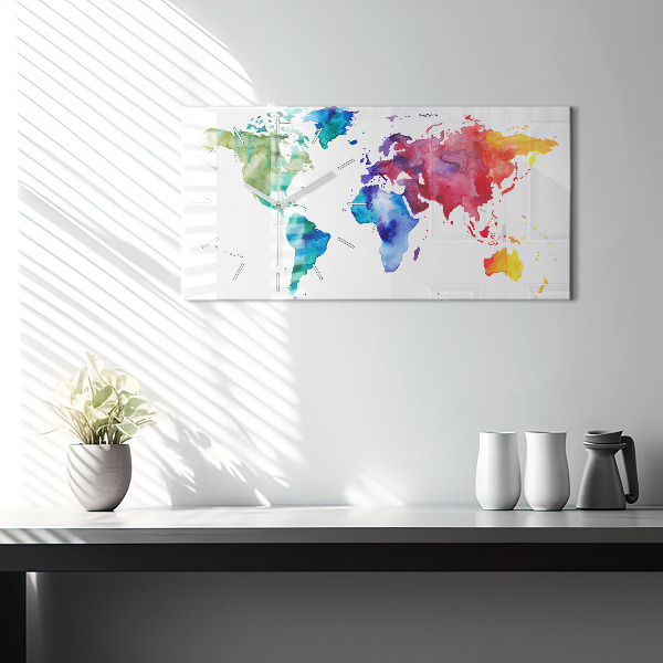 Glass wall clock rectangular Watercolor map of the world