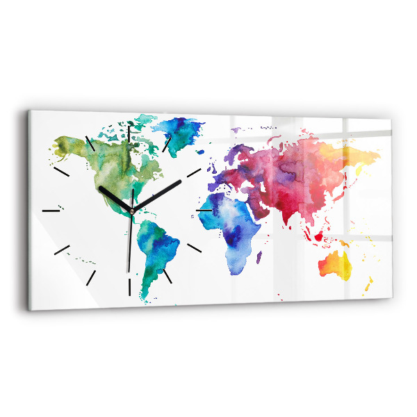 Glass wall clock rectangular Watercolor map of the world