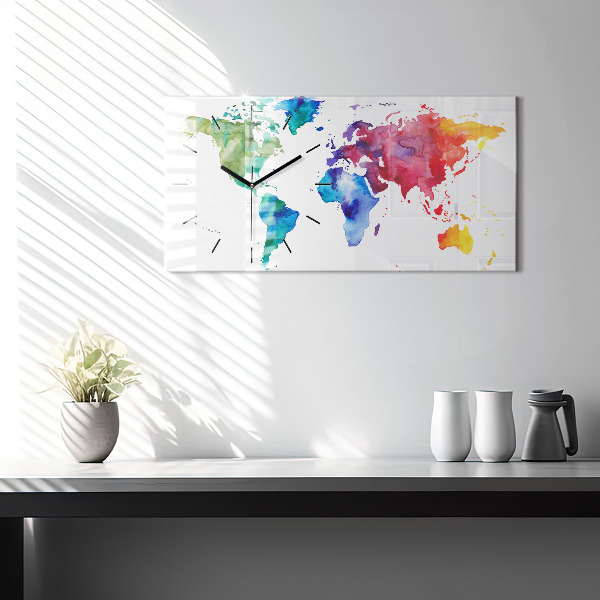 Glass wall clock rectangular Watercolor map of the world