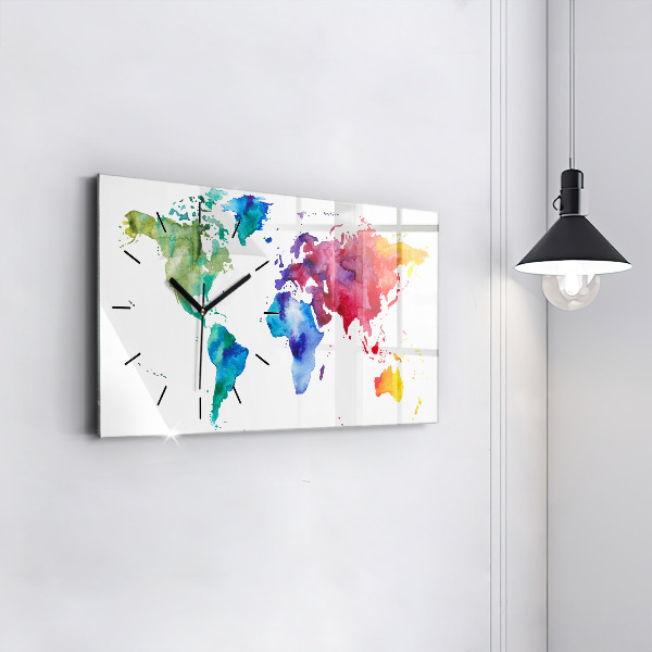 Glass wall clock rectangular Watercolor map of the world