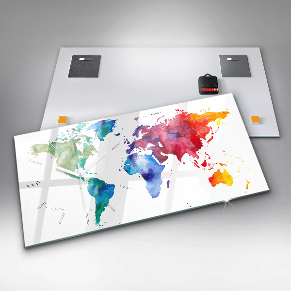Glass wall clock rectangular Watercolor map of the world