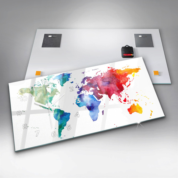 Glass wall clock rectangular Watercolor map of the world