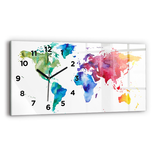 Glass wall clock rectangular Watercolor map of the world