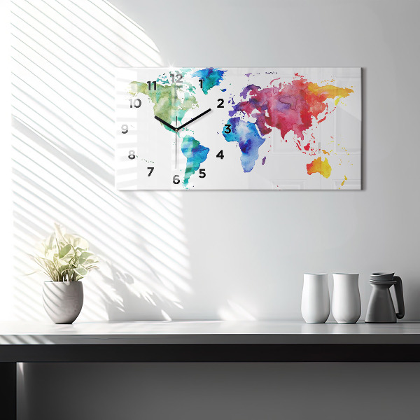 Glass wall clock rectangular Watercolor map of the world