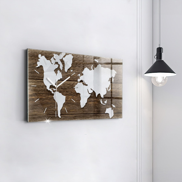 Glass wall clock rectangular World Map on boards