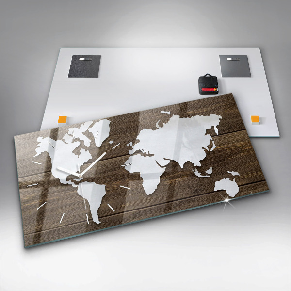 Glass wall clock rectangular World Map on boards
