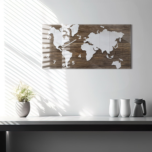 Glass wall clock rectangular World Map on boards