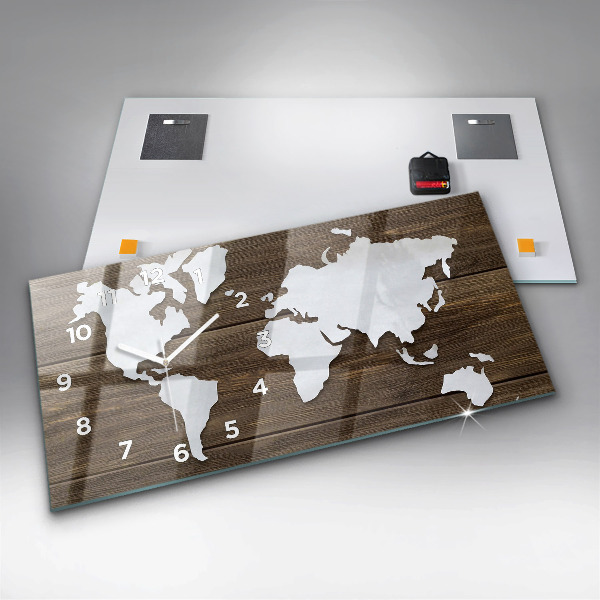Glass wall clock rectangular World Map on boards