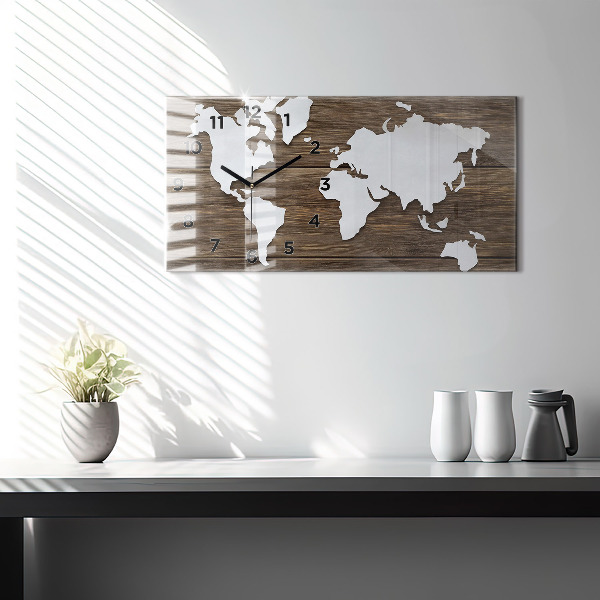 Glass wall clock rectangular World Map on boards