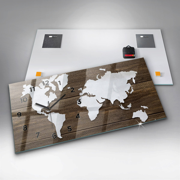Glass wall clock rectangular World Map on boards