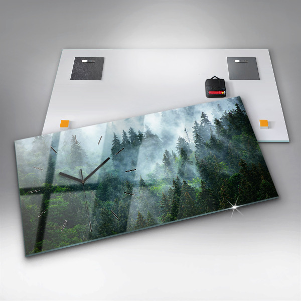 Glass wall clock rectangular Misty forest