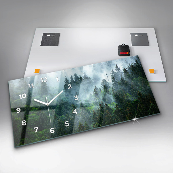 Glass wall clock rectangular Misty forest