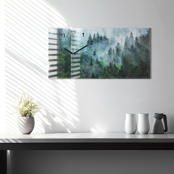 Glass wall clock rectangular Misty forest