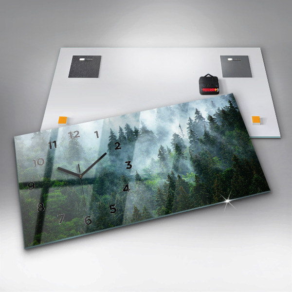 Glass wall clock rectangular Misty forest