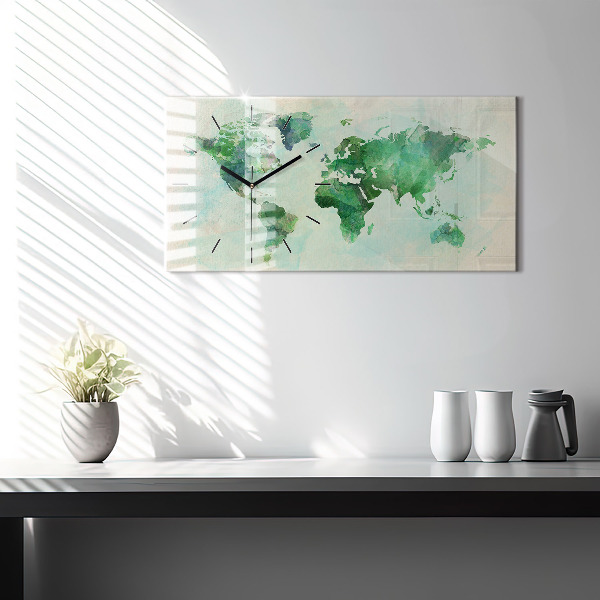 Glass wall clock rectangular Watercolor world map