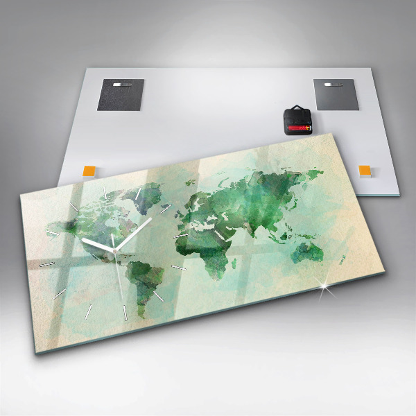 Glass wall clock rectangular Watercolor world map