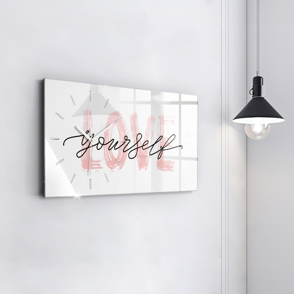 Glass wall clock rectangular Love yourself inscription