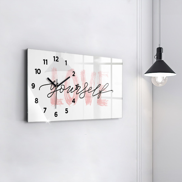 Glass wall clock rectangular Love yourself inscription