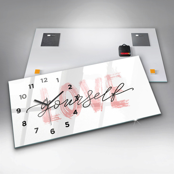 Glass wall clock rectangular Love yourself inscription