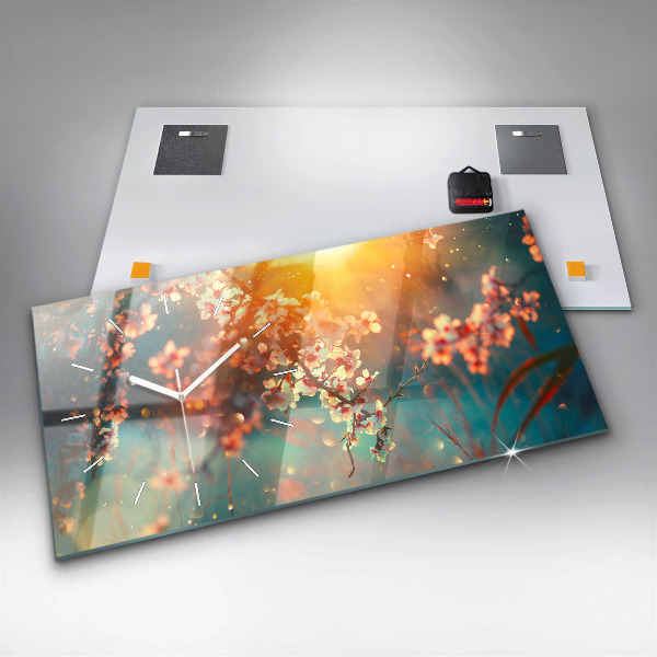 Glass wall clock rectangular Spring flowers