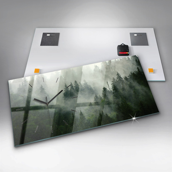 Glass wall clock rectangular Misty forest