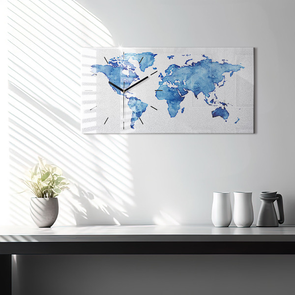 Glass wall clock rectangular Watercolor world map