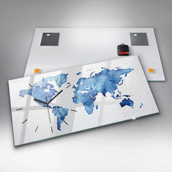 Glass wall clock rectangular Watercolor world map