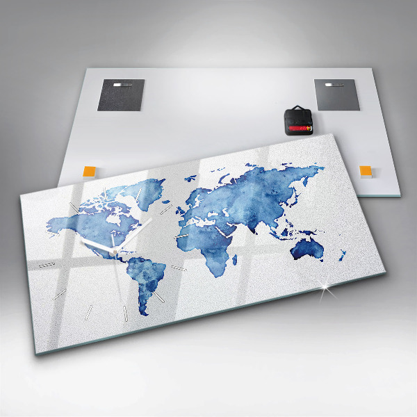 Glass wall clock rectangular Watercolor world map