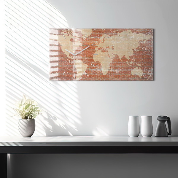 Glass wall clock rectangular World Map on Brick