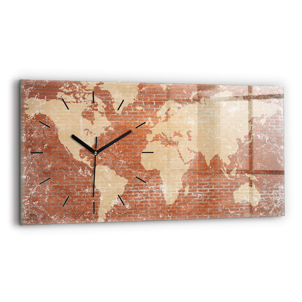 Glass wall clock rectangular World Map on Brick