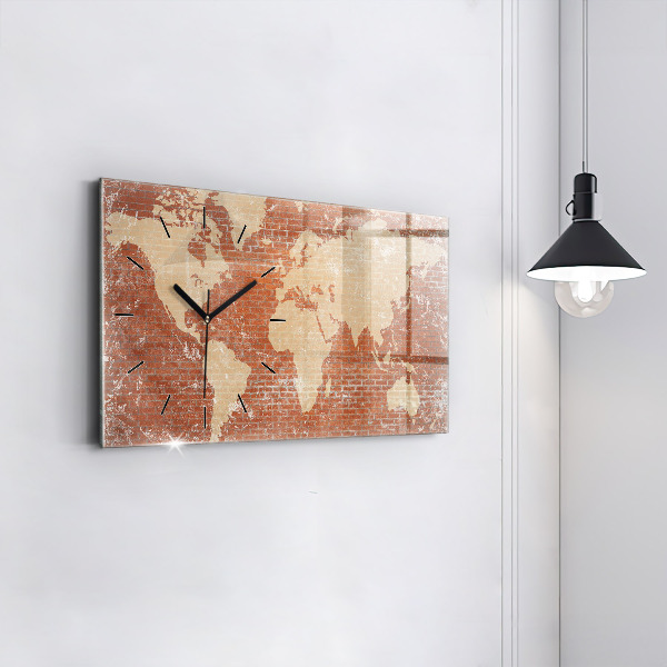 Glass wall clock rectangular World Map on Brick