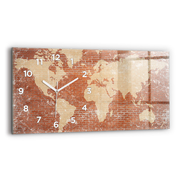 Glass wall clock rectangular World Map on Brick