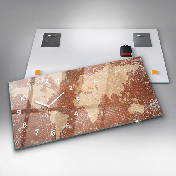 Glass wall clock rectangular World Map on Brick