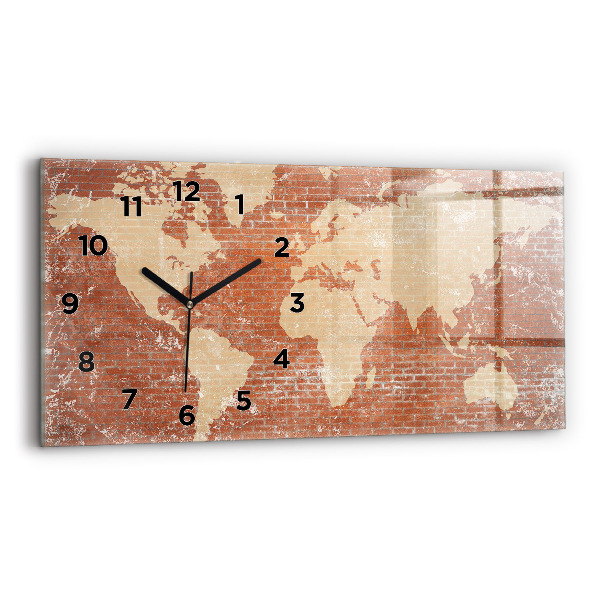 Glass wall clock rectangular World Map on Brick