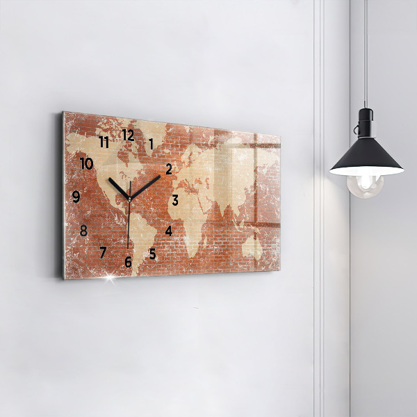 Glass wall clock rectangular World Map on Brick