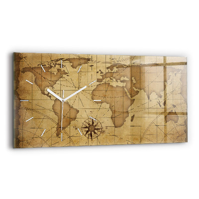 Glass wall clock rectangular Vintage world map