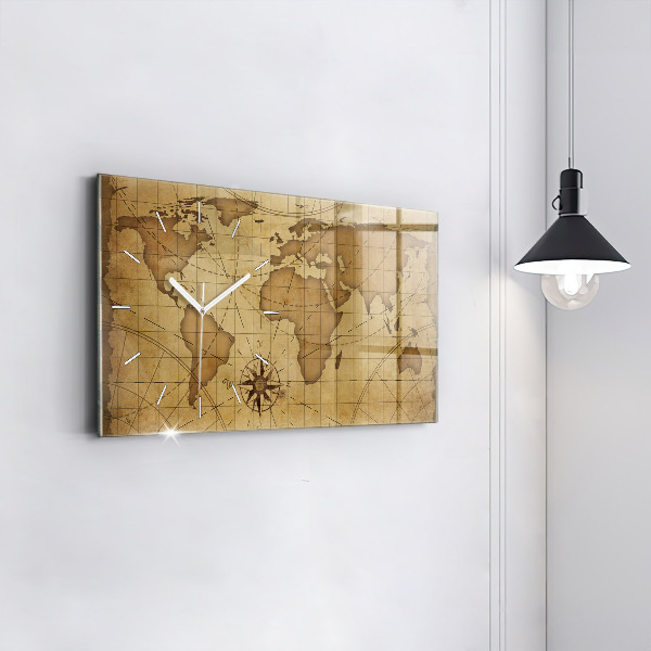 Glass wall clock rectangular Vintage world map