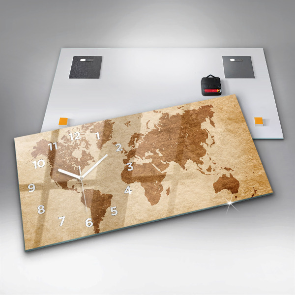 Glass wall clock rectangular Old style world map