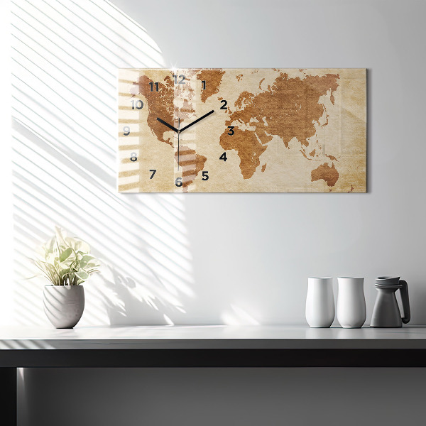 Glass wall clock rectangular Old style world map