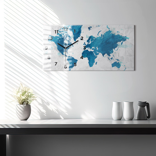 Glass wall clock rectangular World map