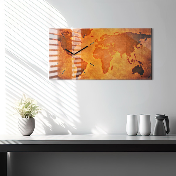 Glass wall clock rectangular Large world map