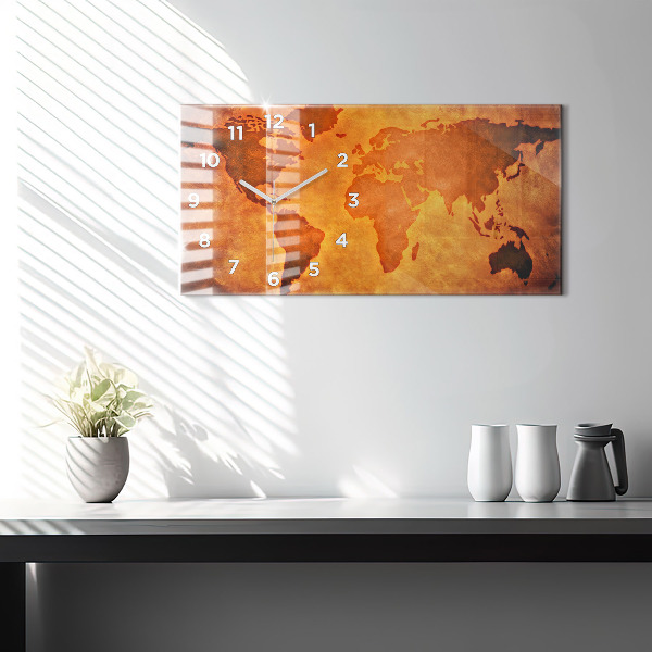 Glass wall clock rectangular Large world map