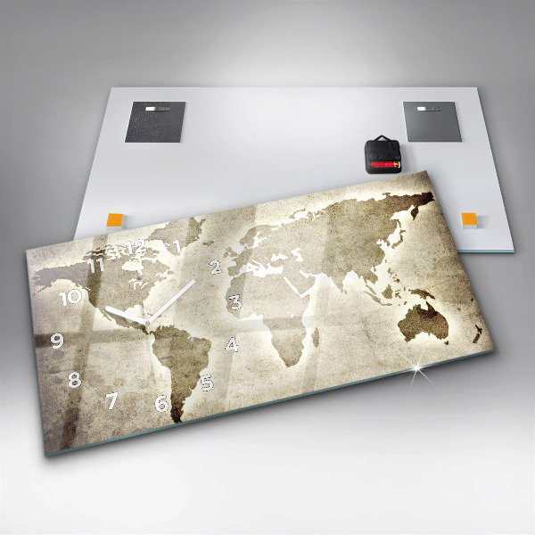 Glass wall clock rectangular World map
