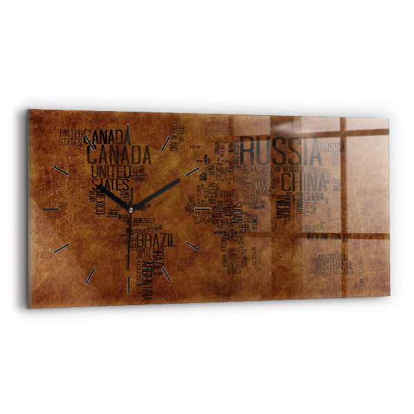 Glass wall clock rectangular Country names map