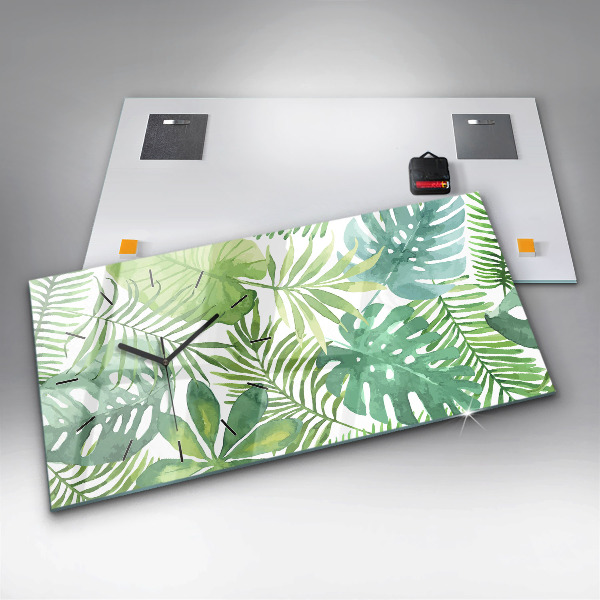 Glass wall clock rectangular Green leaves