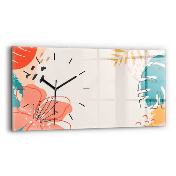 Glass wall clock rectangular Hawaiian plants