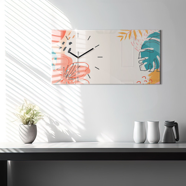 Glass wall clock rectangular Hawaiian plants